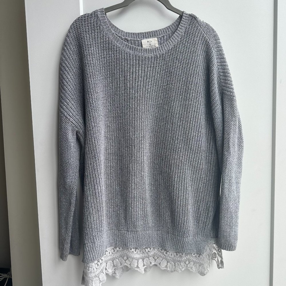 Anthropologie Oversized Crewneck Gray Sweater with Decorative Lace Trim